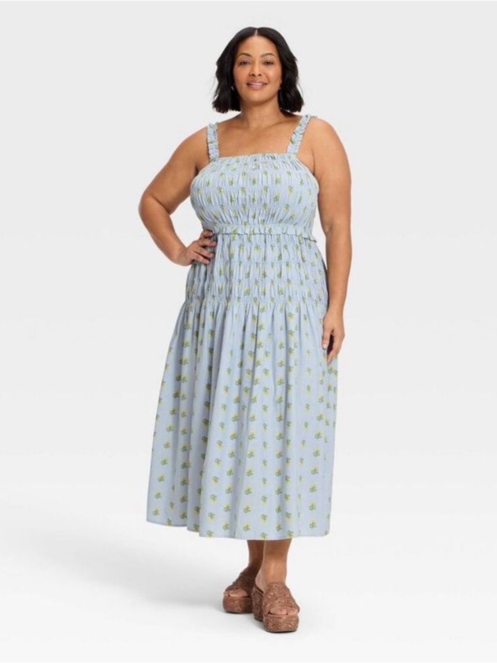 Threshold Light Blue Floral Smocked Midi Dress